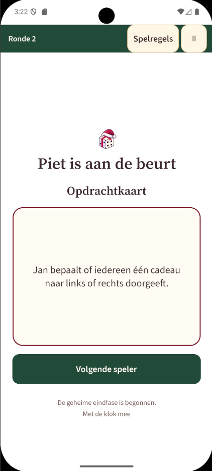 Echte app-screenshot van ronde twee met een opdrachtkaart.